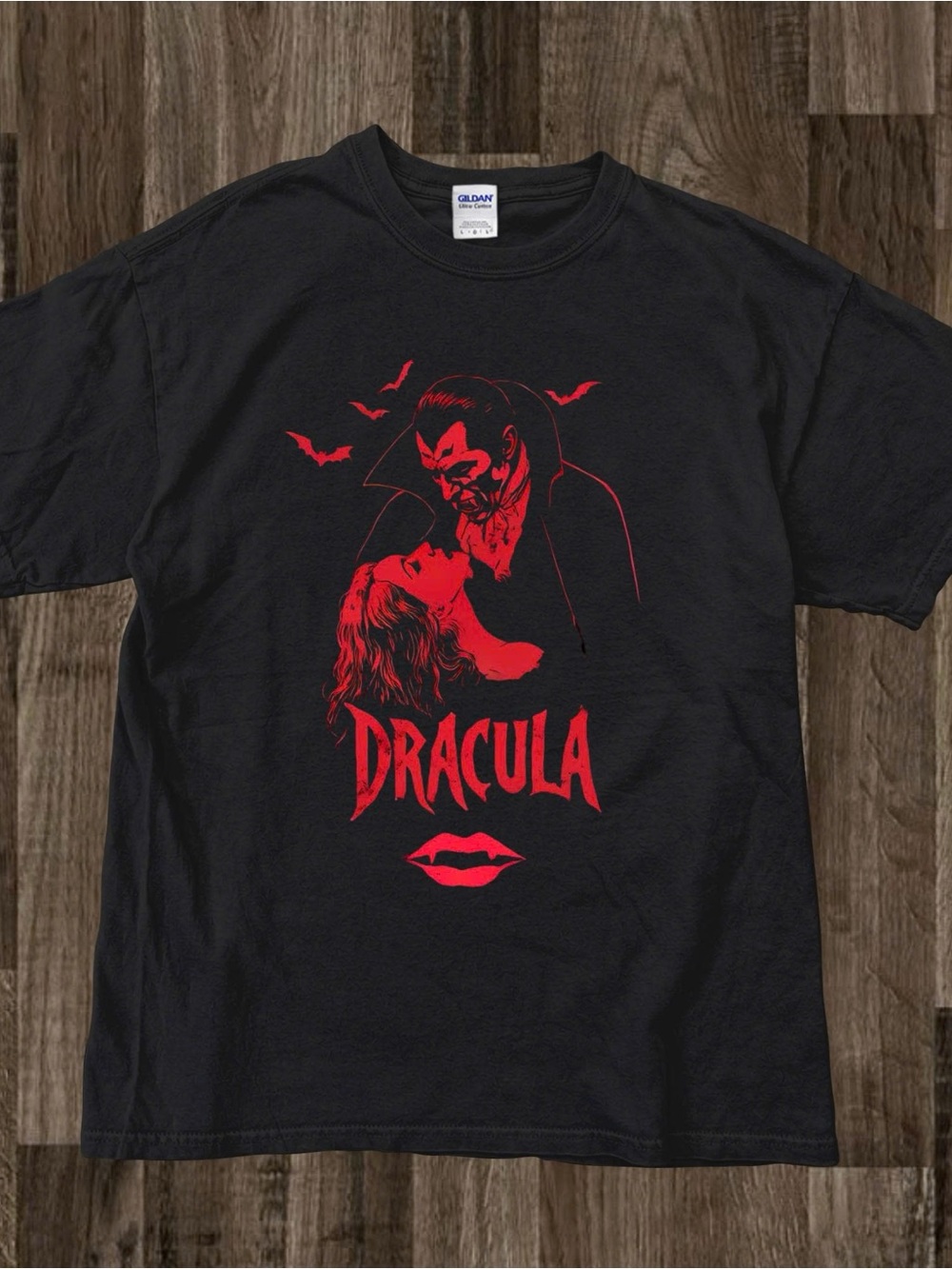 Gildan Black Short-Sleeve Dracula Graphic Tee with Red Print